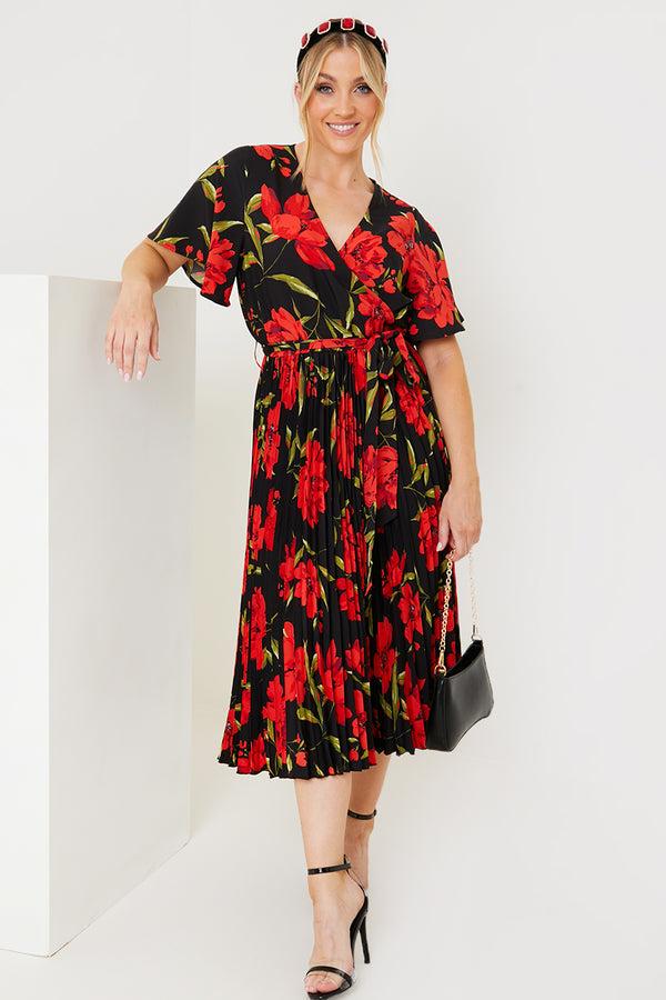 In The Style In The Style Floral Print Pleated Wrap Midi Dress Black