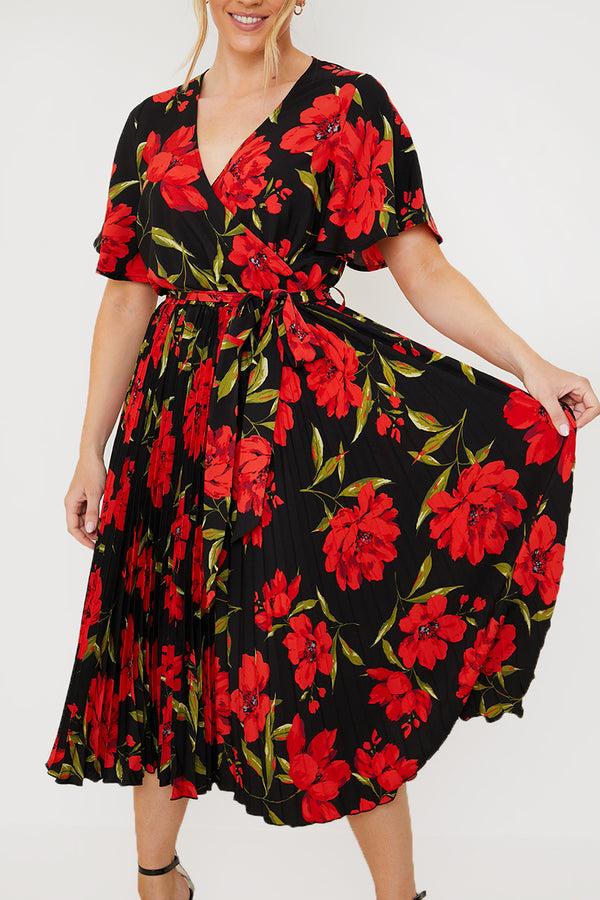 In The Style In The Style Floral Print Pleated Wrap Midi Dress Black