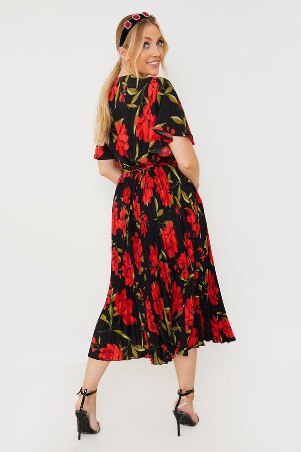 In The Style In The Style Floral Print Pleated Wrap Midi Dress Black