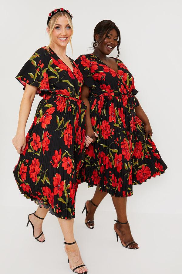 in the style In the Style Floral Print Pleated Wrap Midi Dress Black