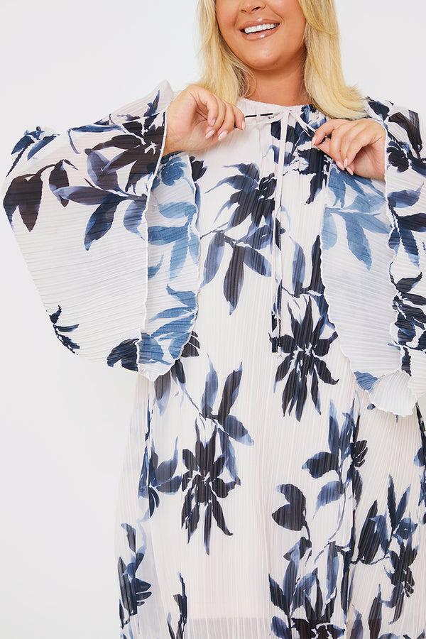 In The Style In The Style Floral Print Plisse Tie Detail Swing Dress Cream