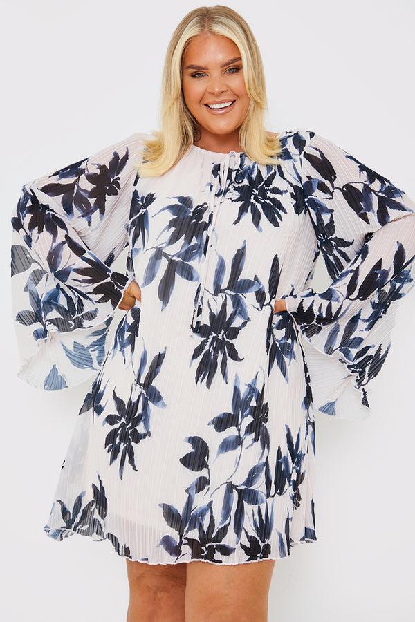 in the style In the Style Floral Print Plisse Tie Detail Swing Dress Cream
