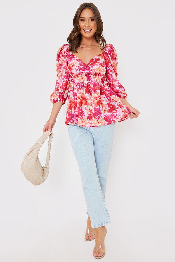 In The Style In The Style Floral Print Puff Sleeve Blouse Pink