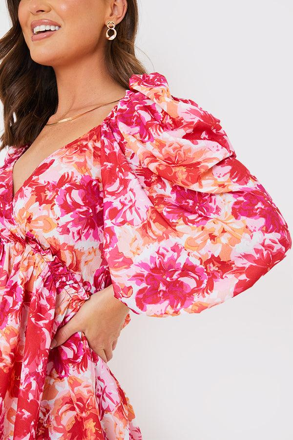 In The Style In The Style Floral Print Puff Sleeve Blouse Pink
