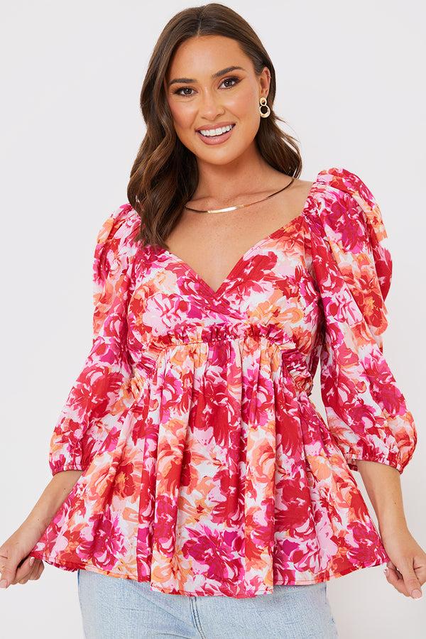in the style In the Style Floral Print Puff Sleeve Blouse Pink