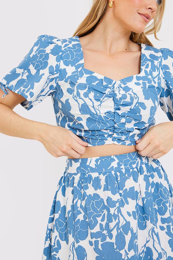 In The Style In The Style Floral Print Puff Sleeve Crop Top Blue