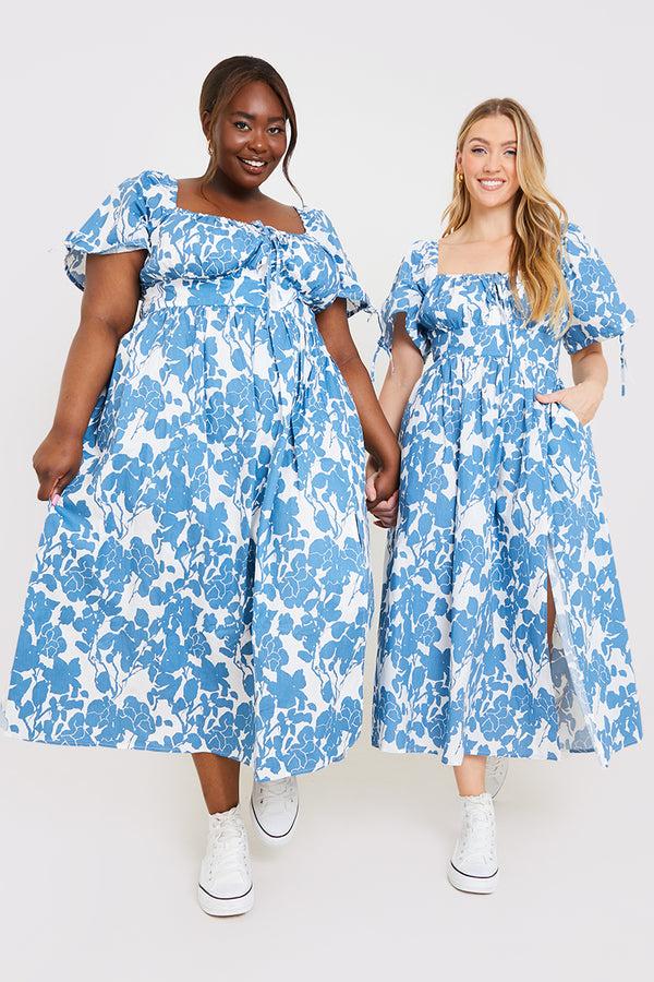 In The Style In The Style Floral Print Puff Sleeve Sweetheart Midi Dress Blue