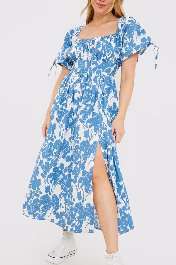 In The Style In The Style Floral Print Puff Sleeve Sweetheart Midi Dress Blue