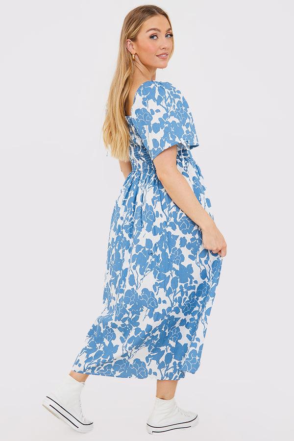 In The Style In The Style Floral Print Puff Sleeve Sweetheart Midi Dress Blue