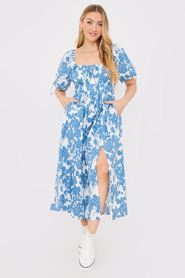 in the style In the Style Floral Print Puff Sleeve Sweetheart Midi Dress Blue
