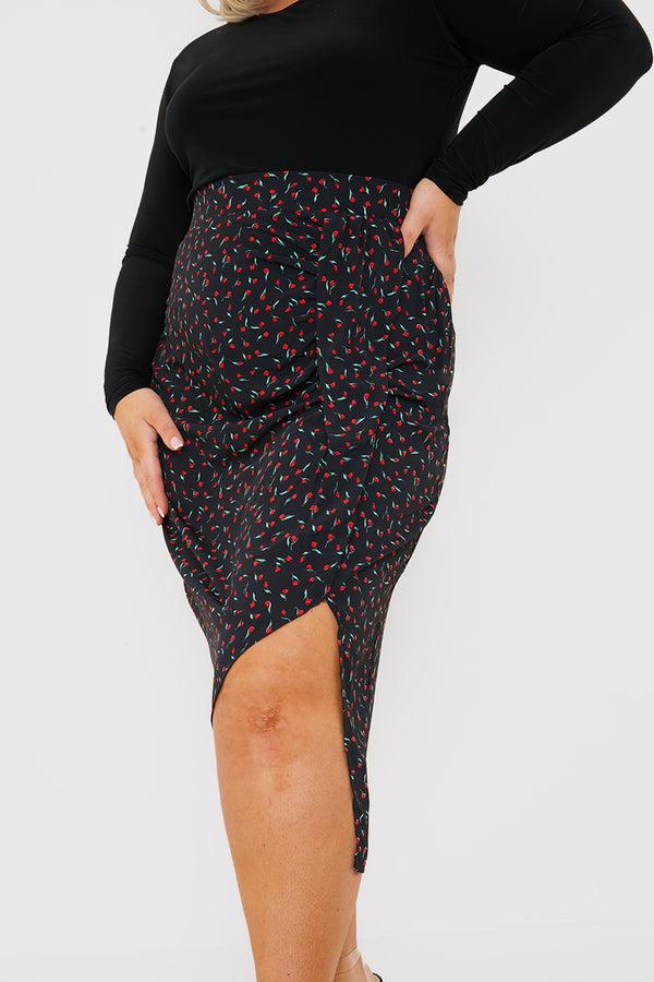 In The Style In The Style Floral Print Ruched Midi Skirt Black