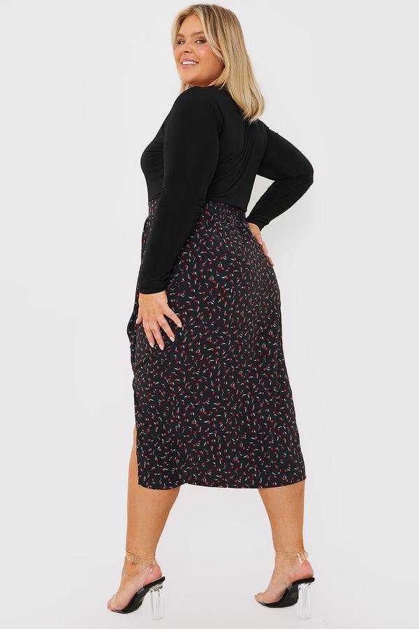 In The Style In The Style Floral Print Ruched Midi Skirt Black