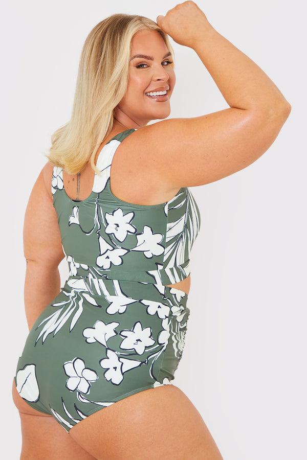 In The Style In The Style Floral Print Scoop Neck Bikini Top Khaki