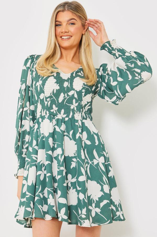 In The Style In The Style Floral Print Shirred Bodice Balloon Sleeve Mini Dress Green