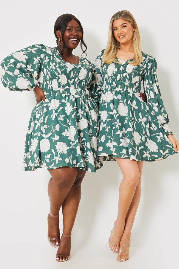 in the style In the Style Floral Print Shirred Bodice Balloon Sleeve Mini Dress Green