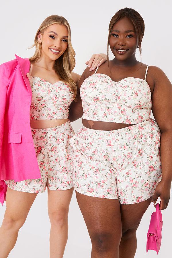 in the style In the Style Floral Print Tailored Shorts Cream