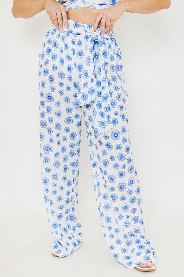 In The Style In The Style Floral Print Tie Detail Wide Leg Trousers Blue