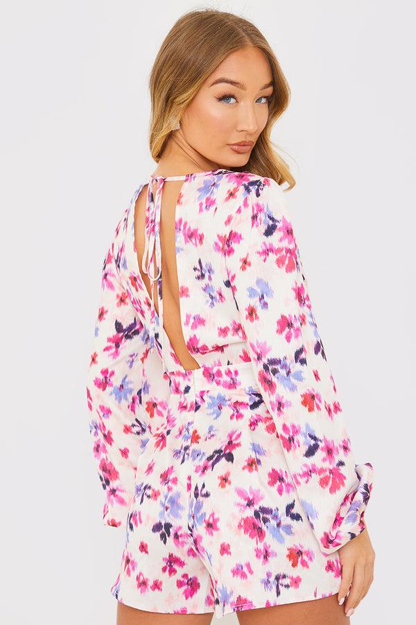 In The Style In The Style Floral Print Twist Front Balloon Sleeve Playsuit Pink