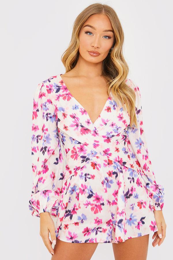 in the style In the Style Floral Print Twist Front Balloon Sleeve Playsuit Pink