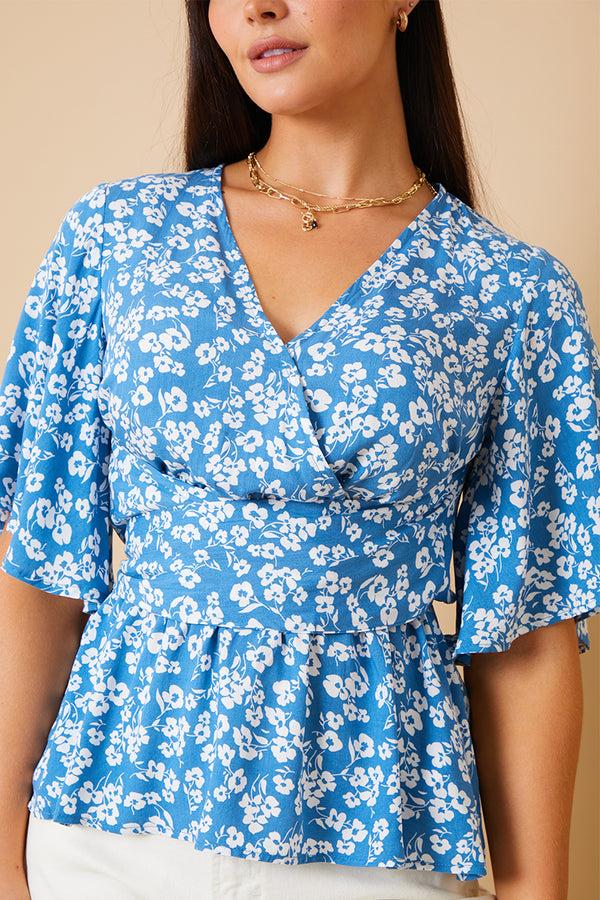 In The Style In The Style Floral Print V Neck Twist Blouse Blue