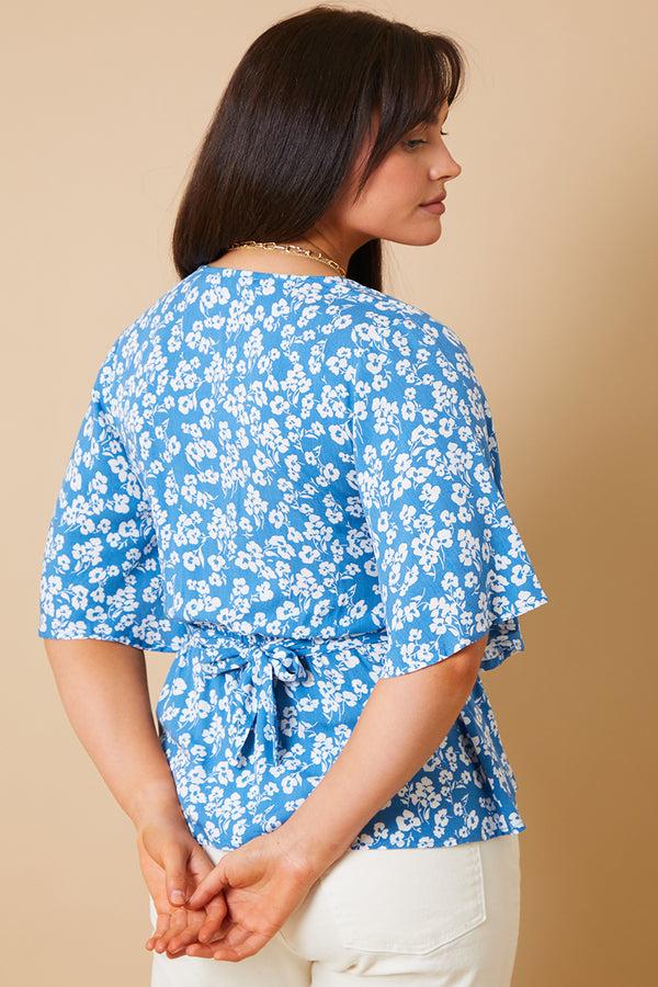 In The Style In The Style Floral Print V Neck Twist Blouse Blue