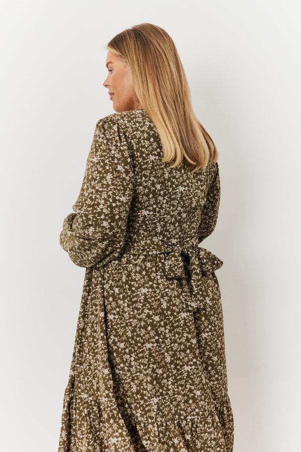 In The Style In The Style Floral Print Wrap Front Belted Balloon Sleeve Midi Dress Green