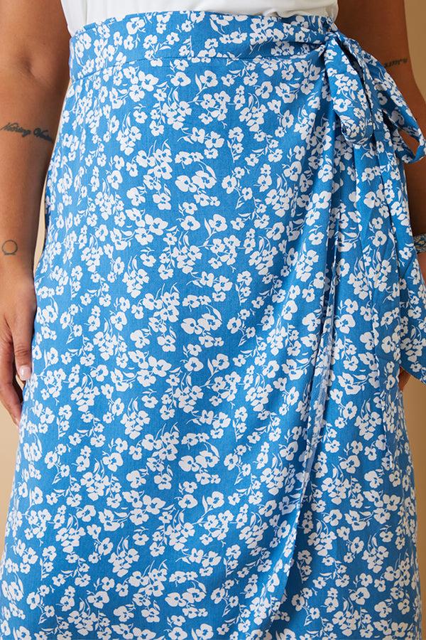 In The Style In The Style Floral Print Wrap Tie Midi Skirt Blue