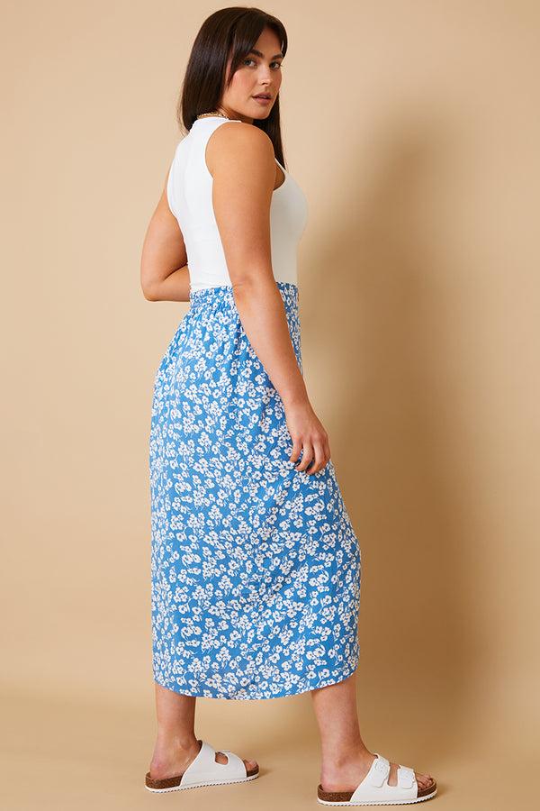 In The Style In The Style Floral Print Wrap Tie Midi Skirt Blue