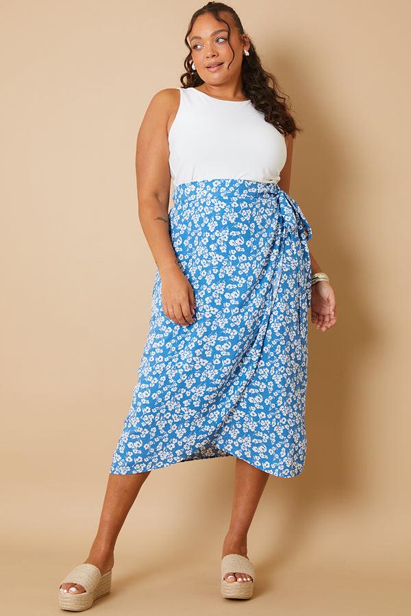 In The Style In The Style Floral Print Wrap Tie Midi Skirt Blue