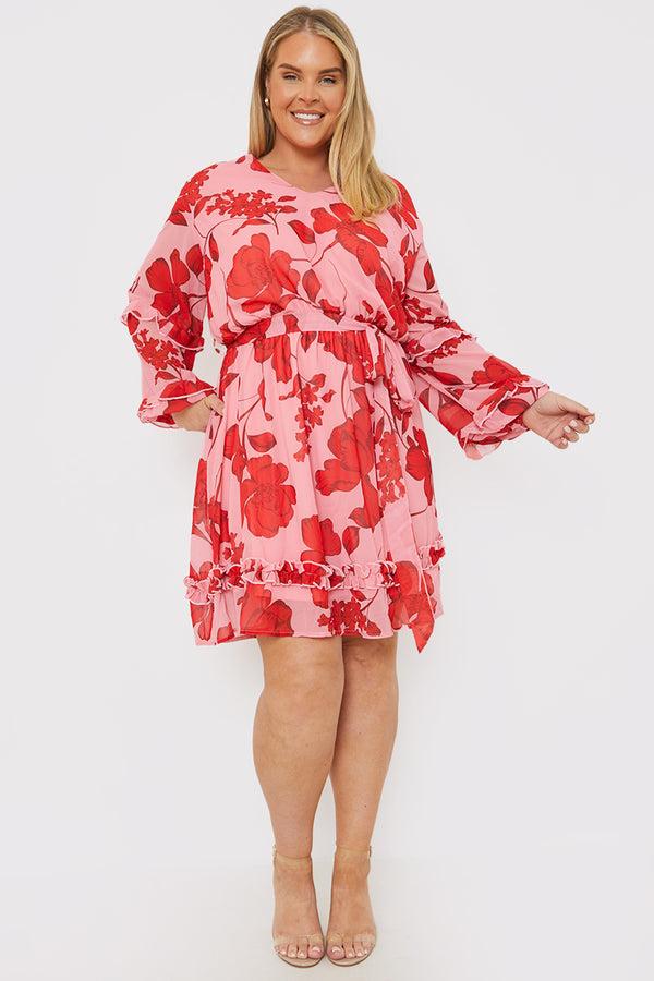 In The Style In The Style Floral Printed Chiffon Frill Detail Balloon Sleeve Mini Dress Pink