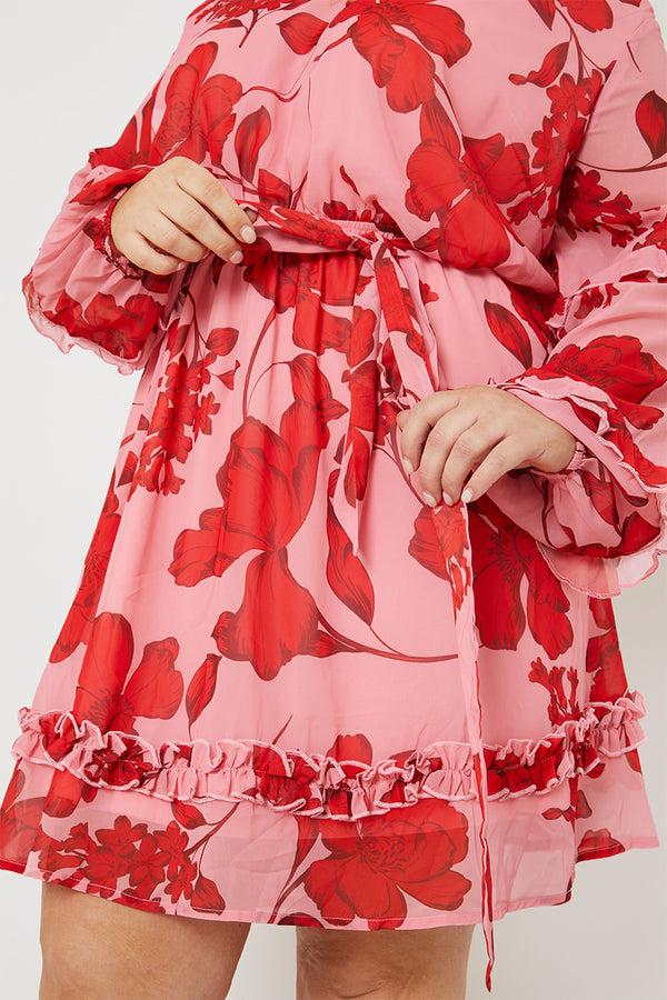 In The Style In The Style Floral Printed Chiffon Frill Detail Balloon Sleeve Mini Dress Pink