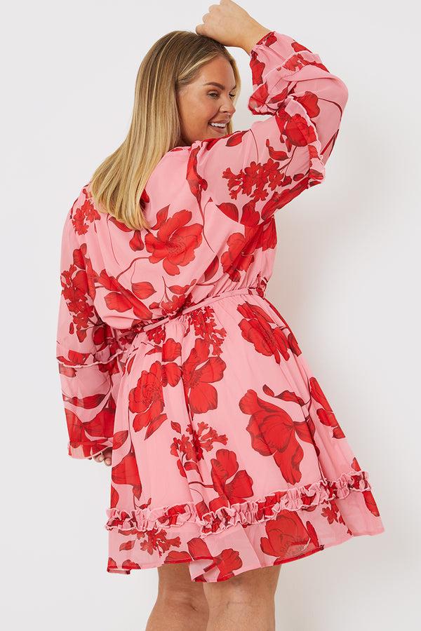 In The Style In The Style Floral Printed Chiffon Frill Detail Balloon Sleeve Mini Dress Pink