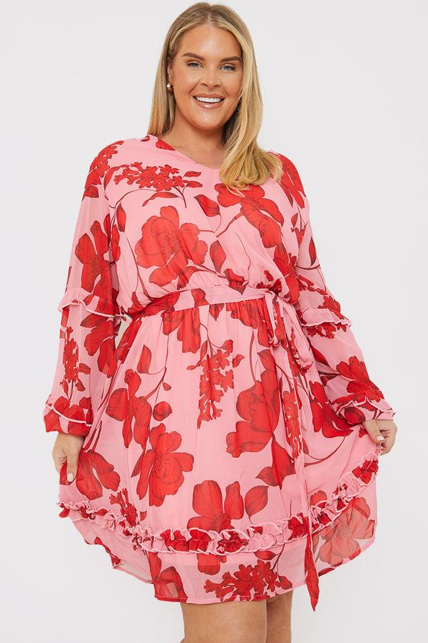 in the style In the Style Floral Printed Chiffon Frill Detail Balloon Sleeve Mini Dress Pink