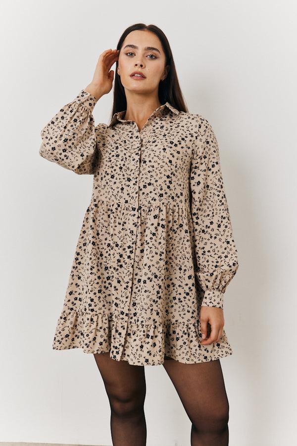 in the style In the Style Floral Printed Collared Button up Smock Mini Dress Camel
