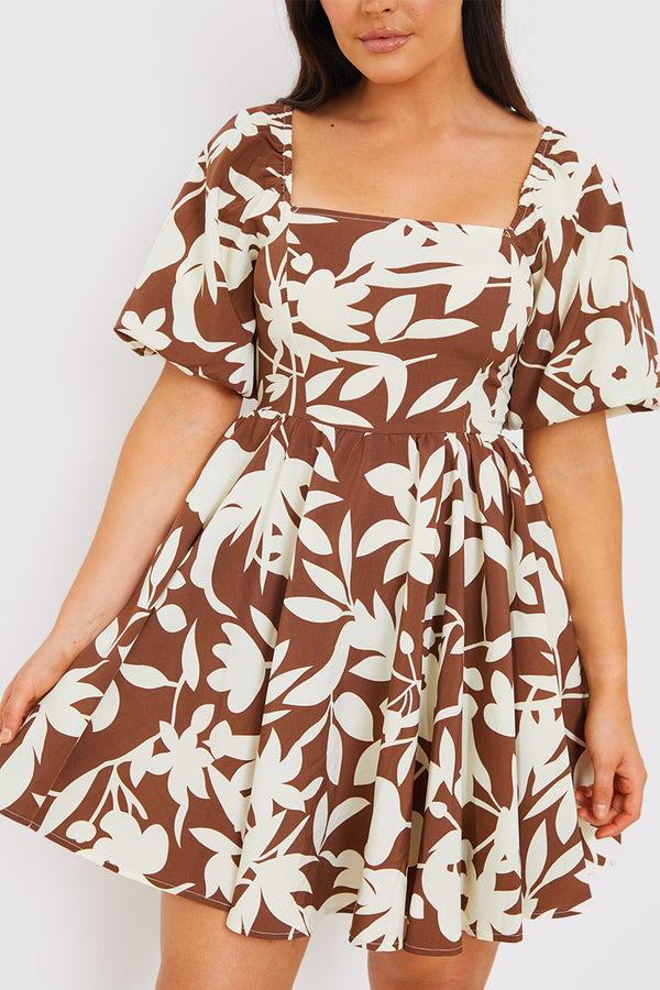 In The Style In The Style Floral Printed Square Neck Puff Sleeve Mini Dress Brown