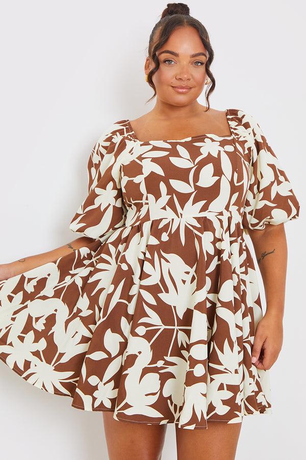 In The Style In The Style Floral Printed Square Neck Puff Sleeve Mini Dress Brown