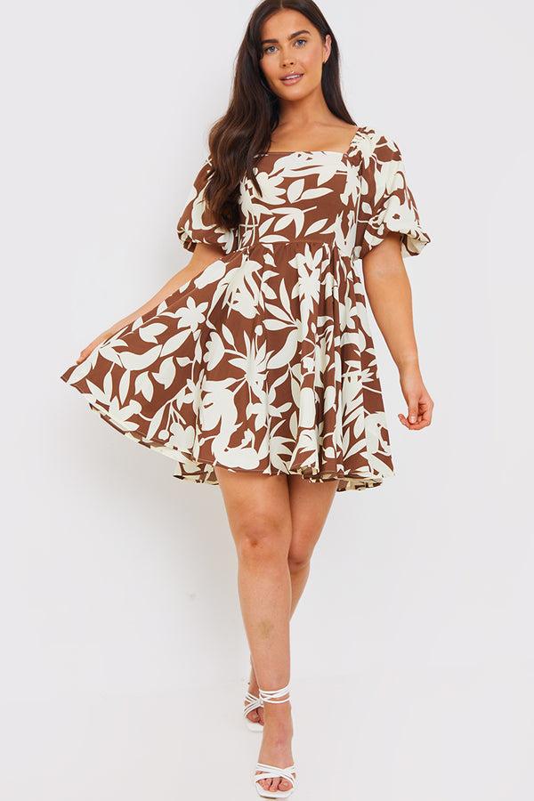 in the style In the Style Floral Printed Square Neck Puff Sleeve Mini Dress Brown