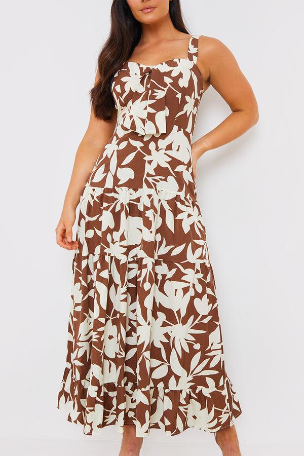 In The Style In The Style Floral Printed Tie Bust Tiered Maxi Dress Brown