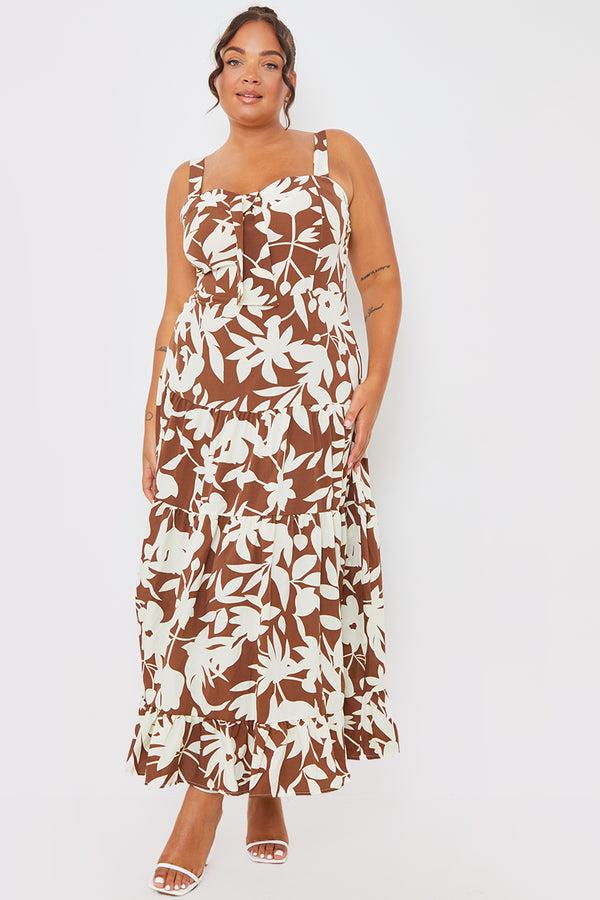 In The Style In The Style Floral Printed Tie Bust Tiered Maxi Dress Brown