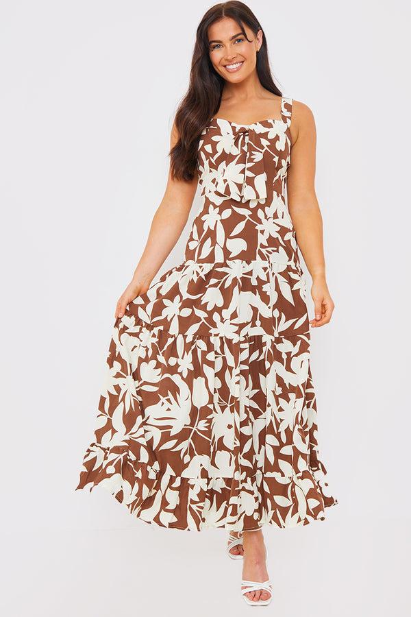 in the style In the Style Floral Printed Tie Bust Tiered Maxi Dress Brown
