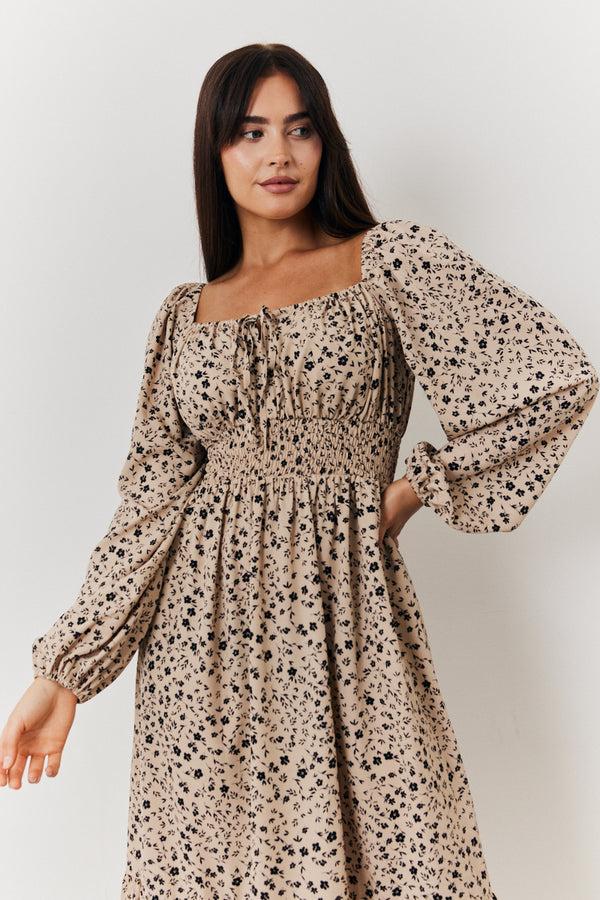 In The Style In The Style Floral Printed Tiered Midi Dress With Ruched Bust And Tie Front Detail Stone