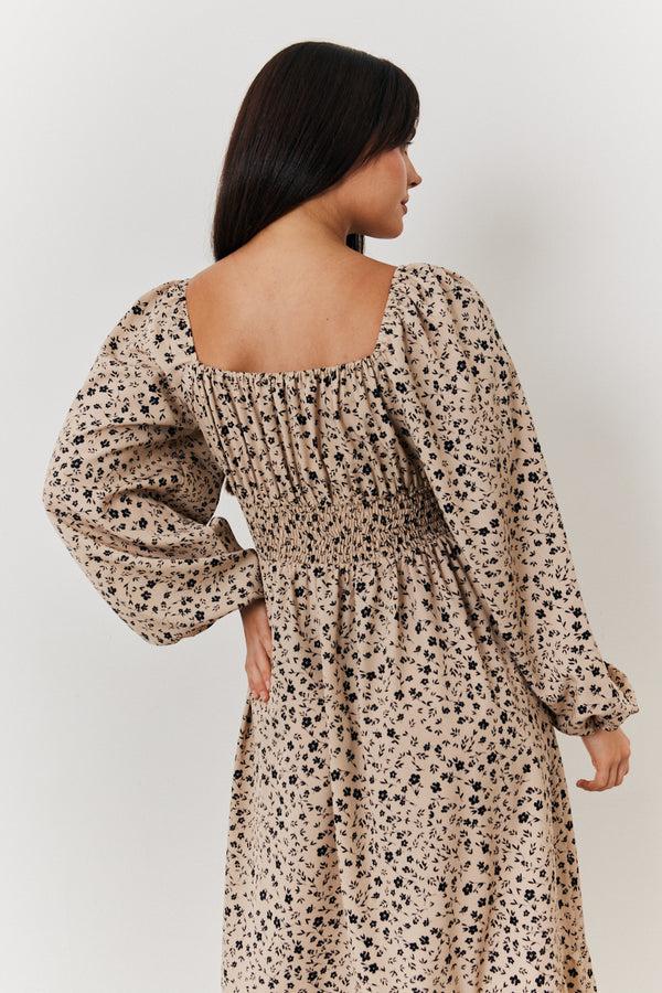 In The Style In The Style Floral Printed Tiered Midi Dress With Ruched Bust And Tie Front Detail Stone