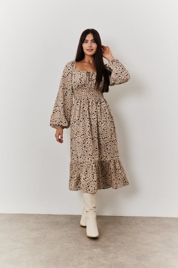 in the style In the Style Floral Printed Tiered Midi Dress with Ruched Bust and Tie Front Detail Stone