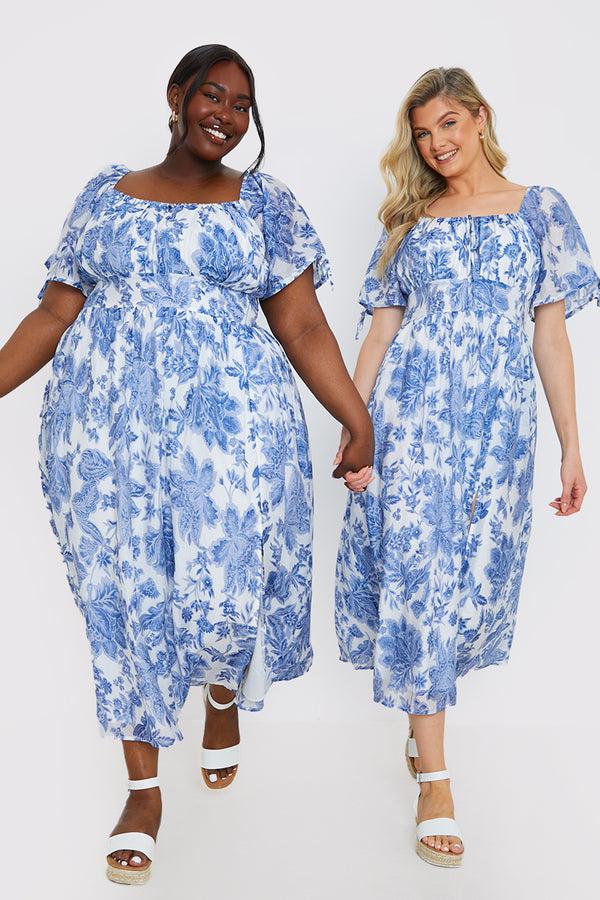 In The Style In The Style Floral Puff Sleeve Sweetheart Midi Dress Blue