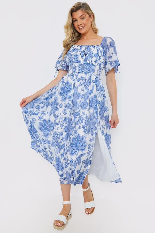 in the style In the Style Floral Puff Sleeve Sweetheart Midi Dress Blue
