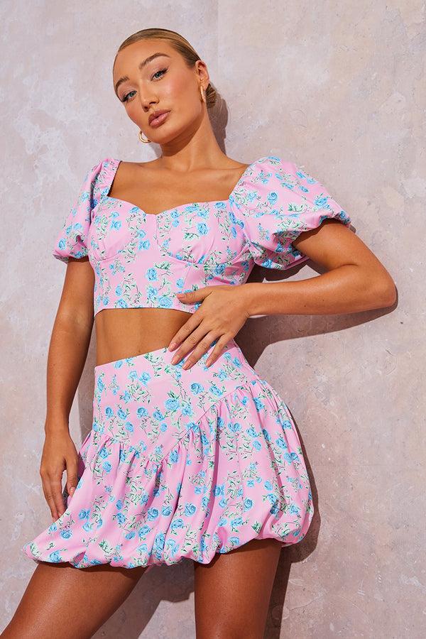 in the style In the Style Floral Puffball Hem Mini Skirt Pink