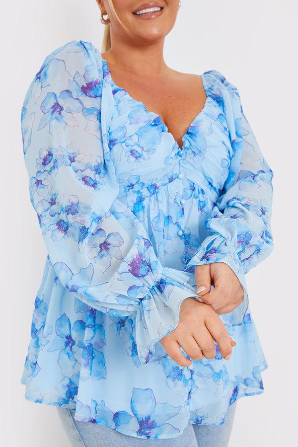 In The Style In The Style FLORAL RUCHED BUST SMOCK TOP Blue