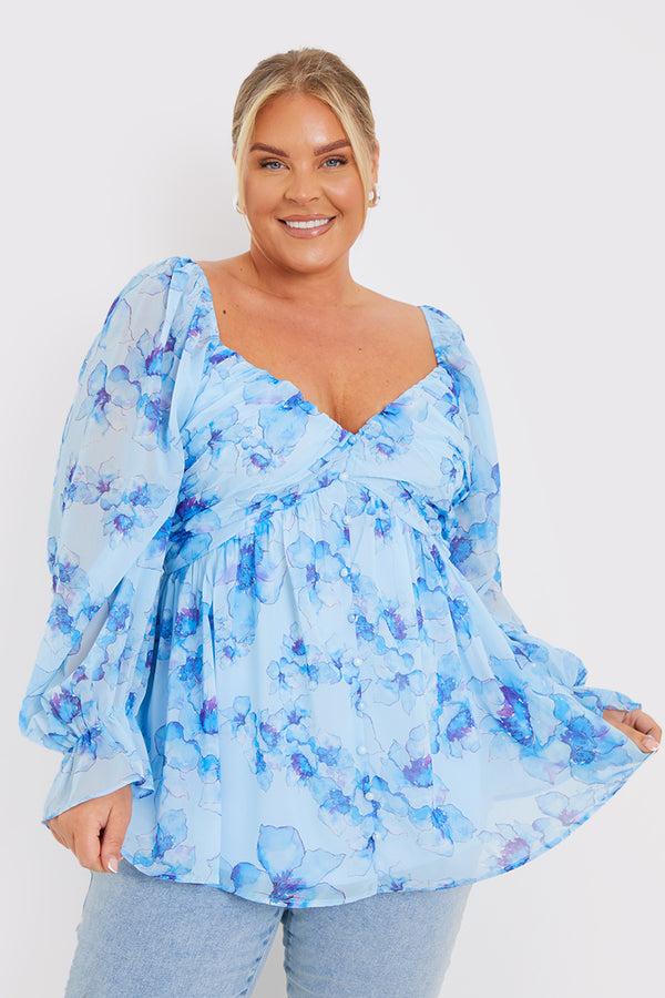 in the style In the Style FLORAL RUCHED BUST SMOCK TOP Blue