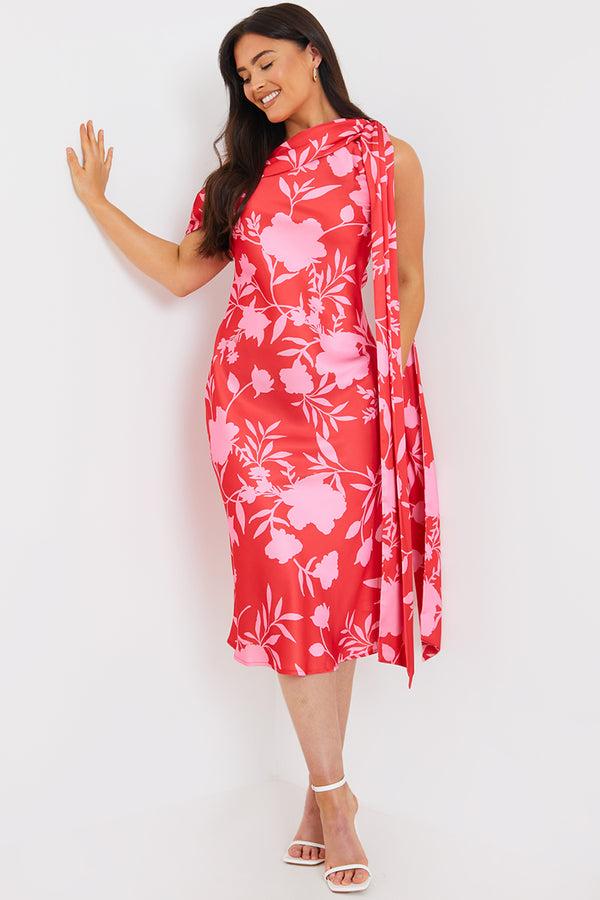 In The Style In The Style Floral Satin Asymmetric Draped Neckline Midi Dress Red