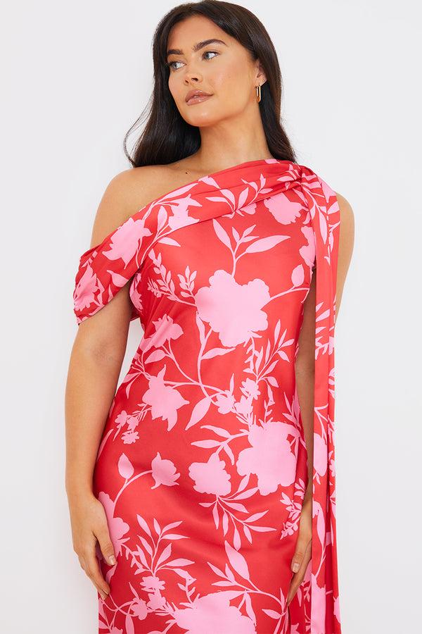 In The Style In The Style Floral Satin Asymmetric Draped Neckline Midi Dress Red